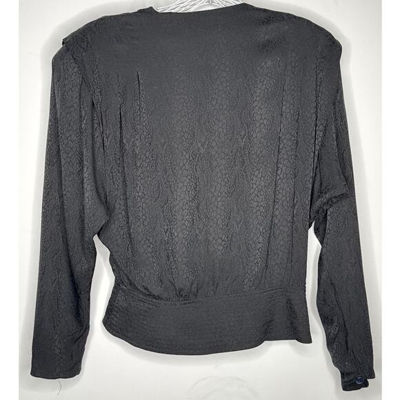 Vintage Liz Claiborne 100% Silk Wrap Blouse Black Jacquard 80s Small - Picture 4 of 13